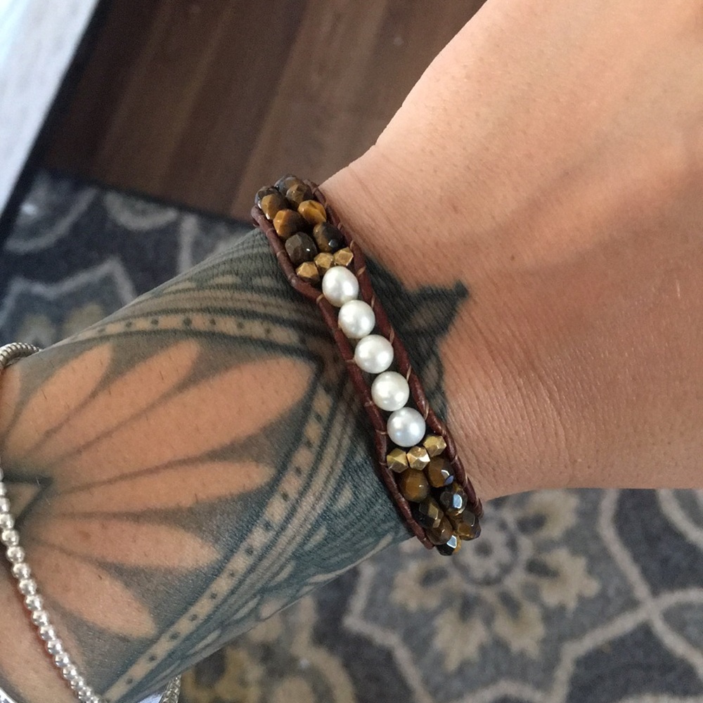 Leather tigers eye and pearl wrap bracelet
